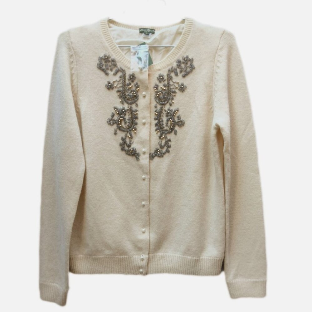 Vintage NWT Eddie Bauer Womens Beaded Cardigan Sweater Cream Wool Blend Holiday